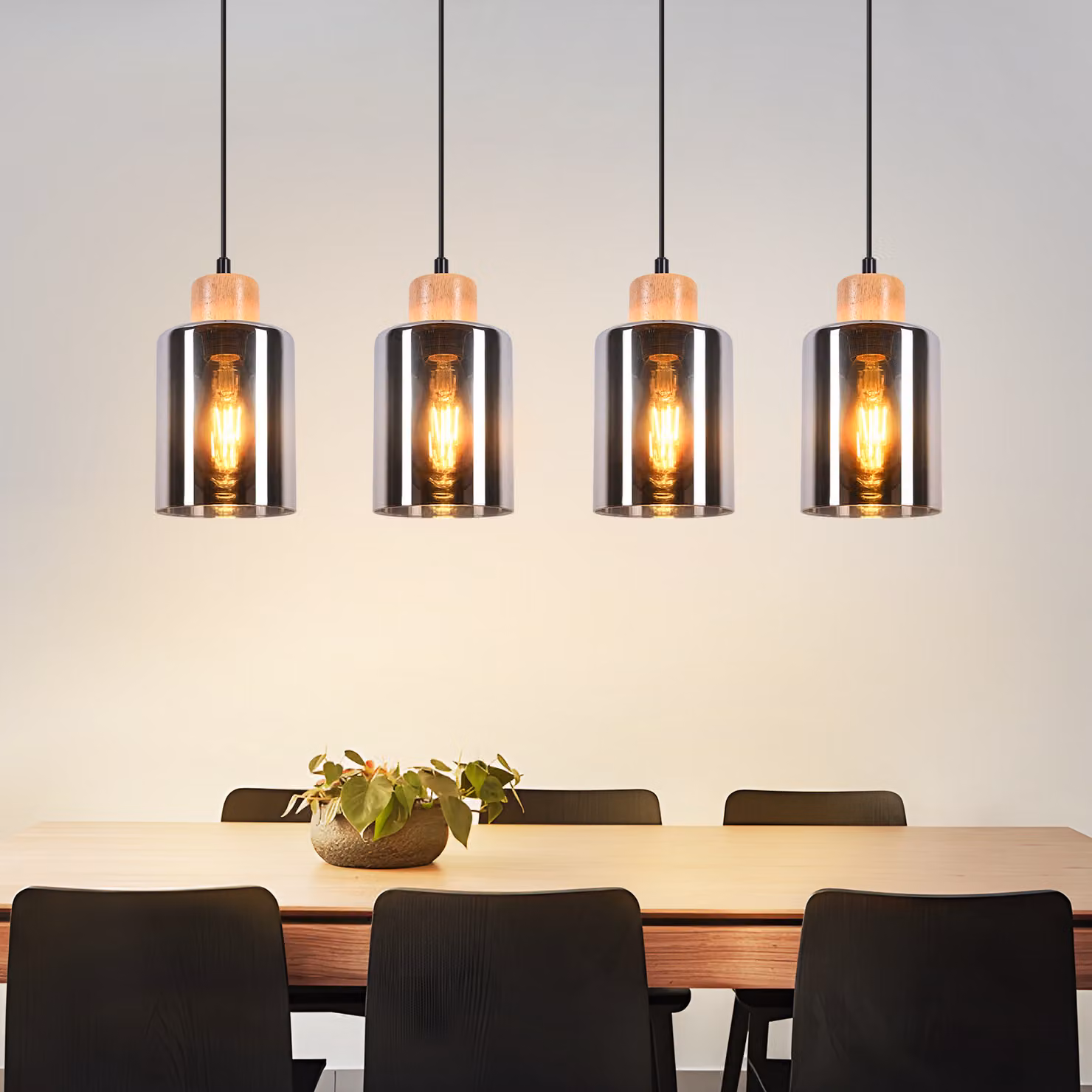 ZMH lampada a sospensione a 4 fiamme in legno E27 lampada a sospensione vintage a sospensione retrò lampada a sospensione in vetro fumé per sala da pranzo cucina senza fonte di luce