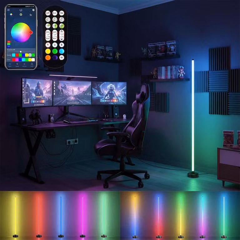 Lampada da terra a led intelligente nera, 1,2 m RGB lampada a stelo lampada d'angolo Alexa lampada da terra soggiorno dimmerabile per sala giochi camera da letto partito Gaming Deco