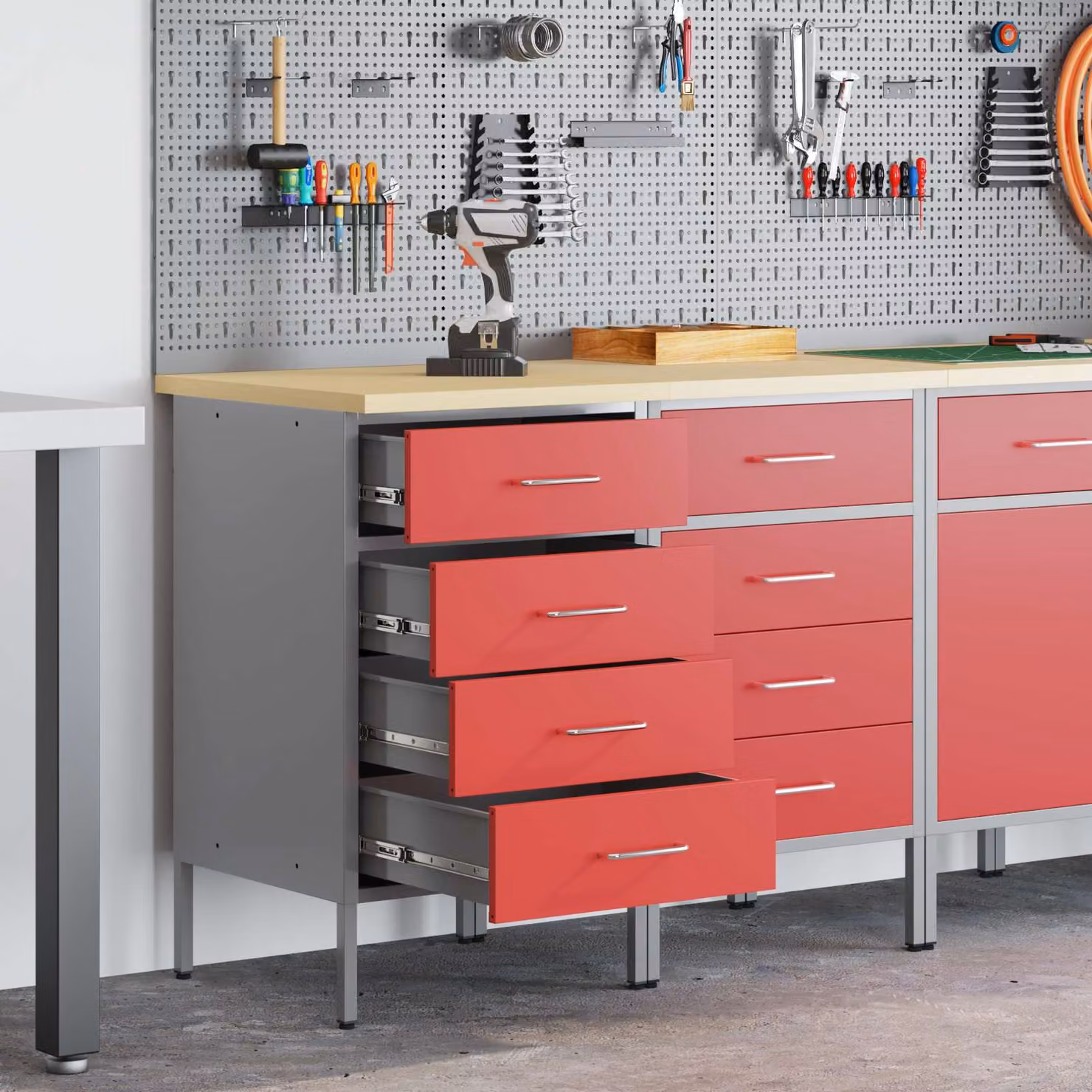 Set di 2 carrelli da lavoro mobili vidaXL in acciaio e legno, Rosso e Grigio, L: 100 cm, P: 55 cm, H: 85 cm