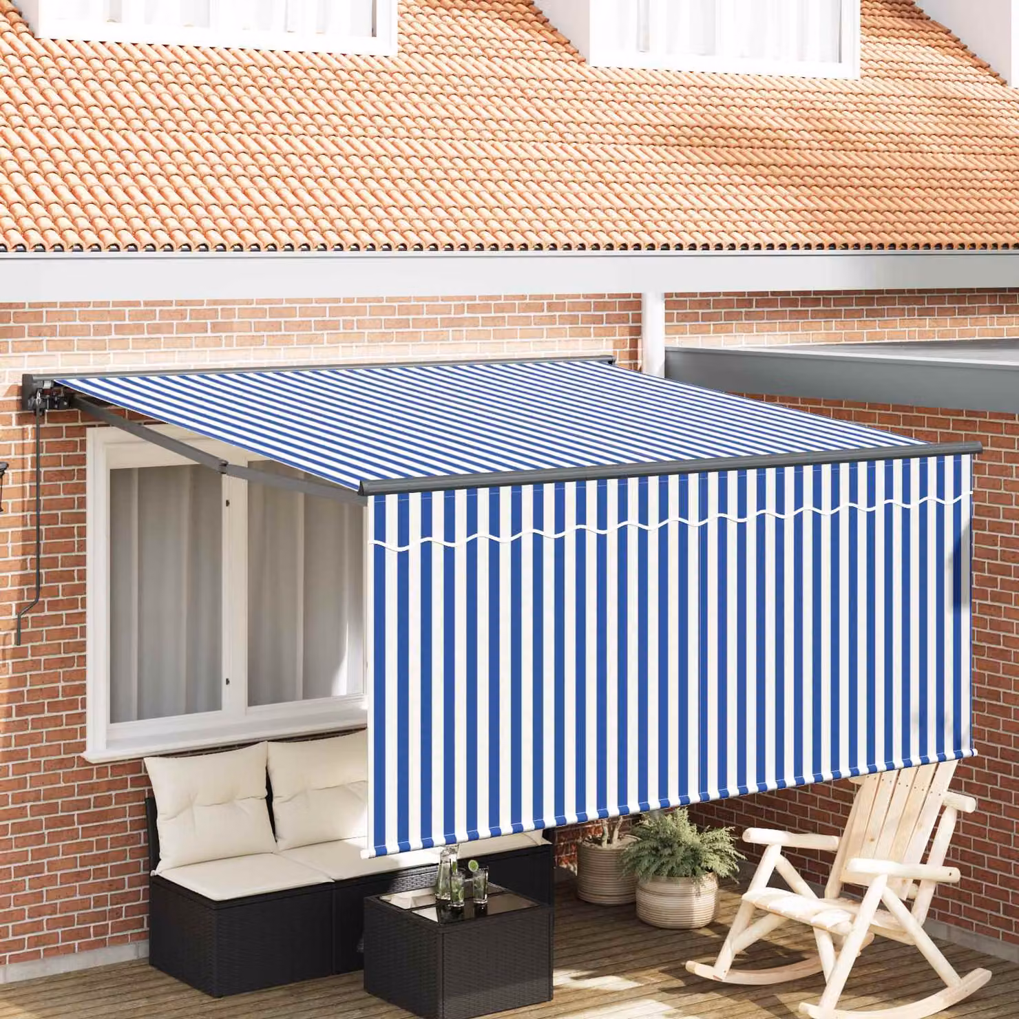 vidaXL Tenda retrattile in poliestere e alluminio, Blu e Bianco, L: 300 cm x H: 250 cm