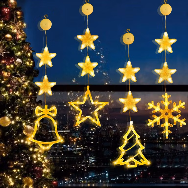 4 luci a LED a forma di stella per decorazioni natalizie, catena luminosa con ventosa, adatta anche per decorazioni di San Valentino