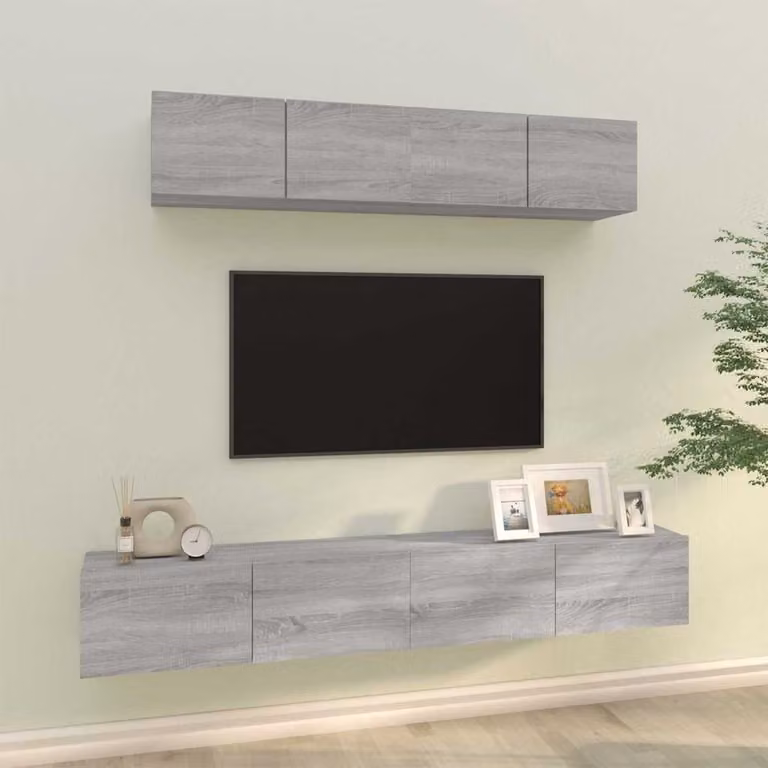 vidaXL Set di Mobili Porta TV da Soggiorno 4 Pezzi Grigio in Legno e MDF a Parete