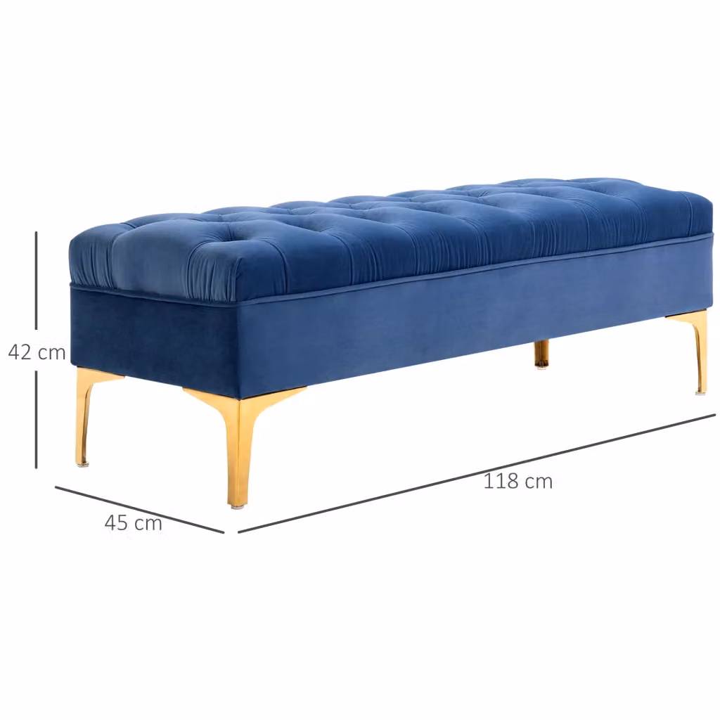 Panca imbottita in velluto blu con gambe dorate WISHDOR L: 118 cm, P: 45 cm, H: 42 cm – 2