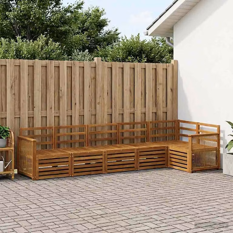 Set di divani da esterno vidaXL a forma di L in legno di acacia massello con cuscini, colore marrone e bianco