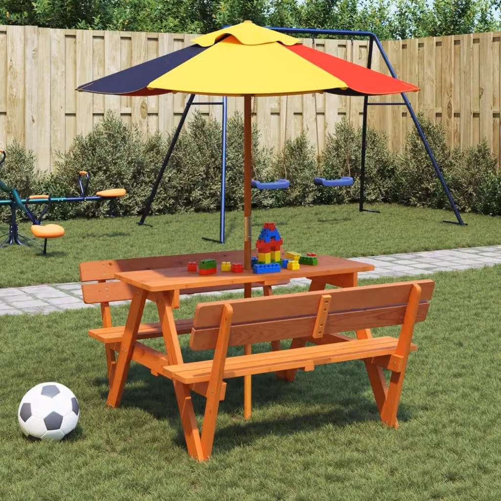 vidaXL Tavolo da Picnic per 4 Bambini in Legno di Abete con Ombrellone, Marrone e Multicolore, L: 108 cm, P: 54 cm, H: 108 cm