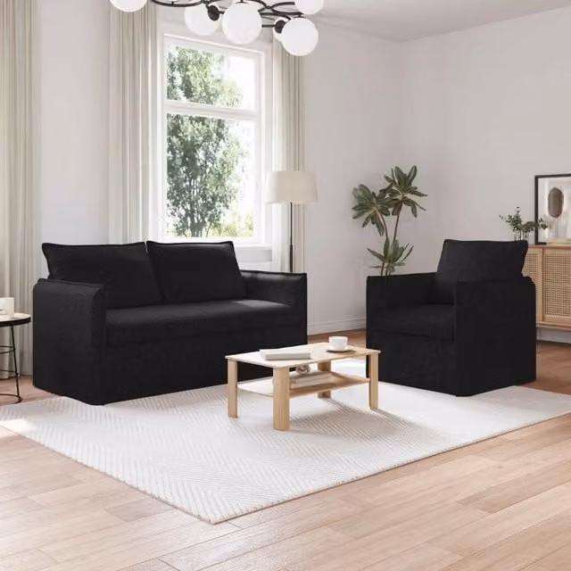 Set di 2 divani moderni vidaXL in tessuto nero con struttura in metallo per soggiorno o camera da letto – 1