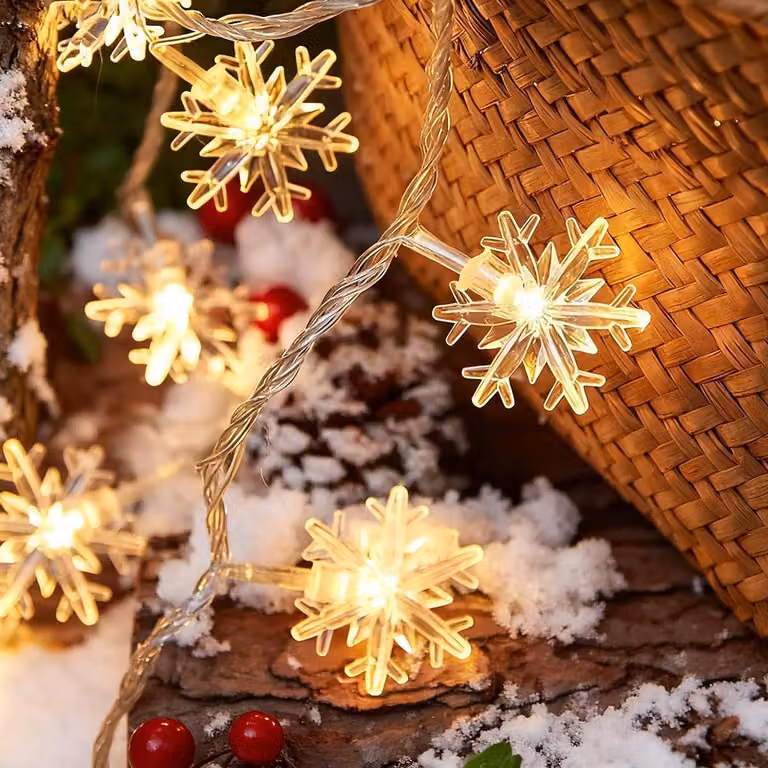 Catena luminosa a forma di fiocchi di neve, lunghezza 6 metri, 40 LED, alimentazione a batteria, 8 modalità
