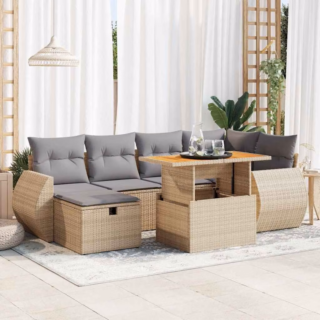 Set Divano da Giardino 8 pz vidaXL in Polyrattan e Legno di Acacia con Cuscini Beige e Grigio per Esterno