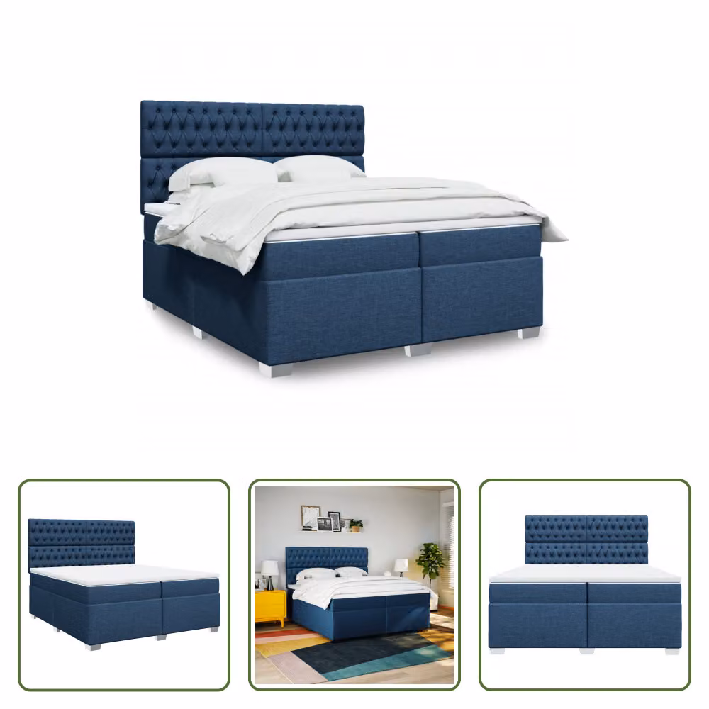 The Living Store Letto a molle con materasso blu 200x200 cm in tessuto