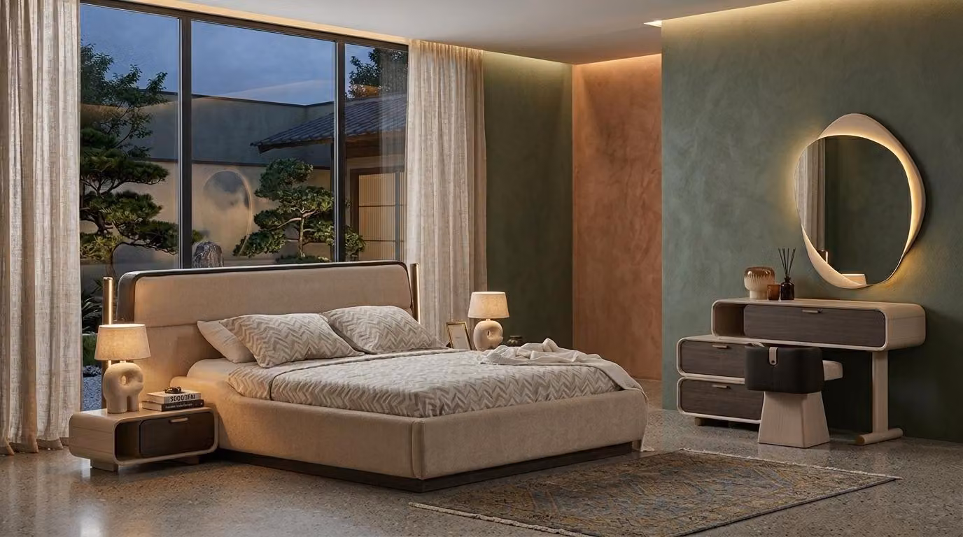 Tavolini da notte, specchio da trucco, pouf, stile moderno, colore beige, pratico