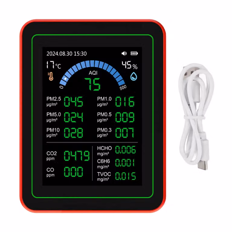 Misuratore della qualità dell'aria, 18 in 1, CO₂, TVOC, HCHO, PM2,5, PM10, rilevatore di temperatura e umidità, con memoria dati alimentato a batteria per uso interno, nero