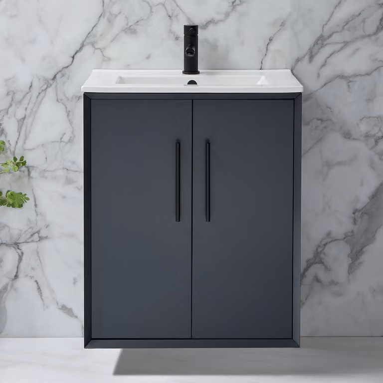 Mobile Bagno Sospeso Antracite 610mm con Lavabo e Maniglie Nere con Barra a T - Edge