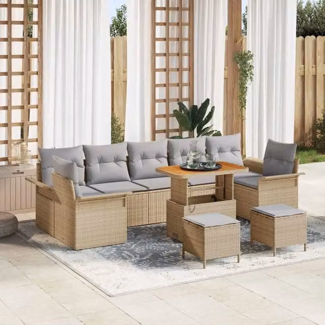 Set Divano da Giardino vidaXL in Legno di Acacia e Metallo, 10 Pezzi con Cuscini, Colore Grigio e Beige
