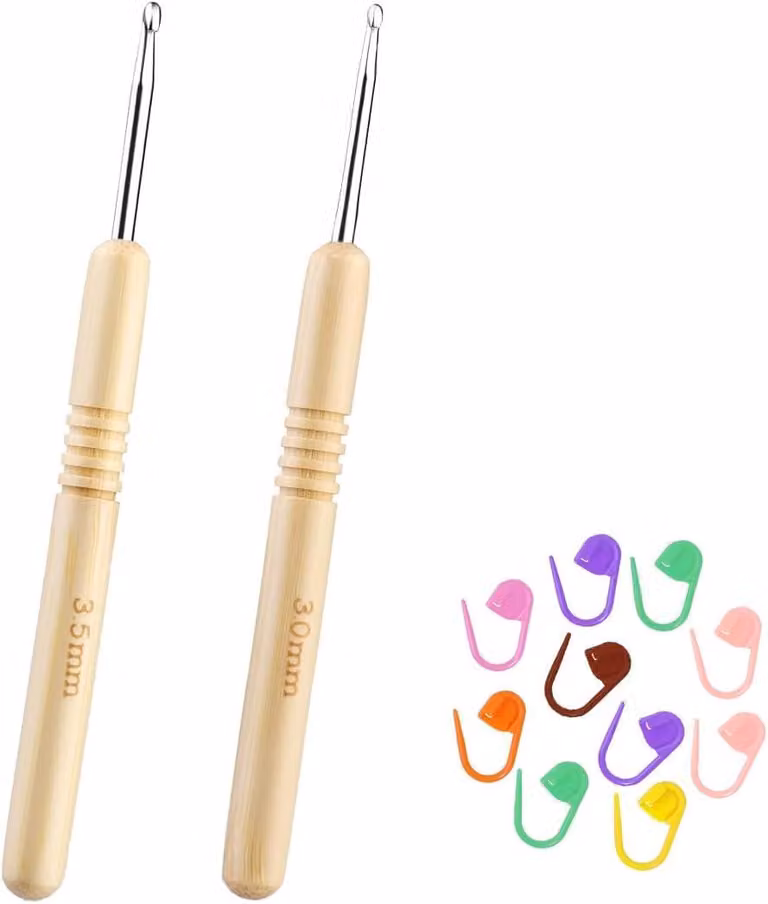 Set di ferri da uncinetto, con impugnature ergonomiche in legno, composto da 2 pezzi: 3 mm e 3,5 mm, inclusi segnalibri colorati per principianti