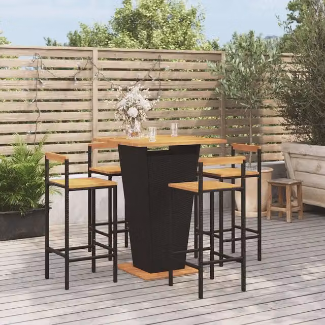 Set Bar Giardino 5 pz Nero Polyrattan e Legno Massello Acacia 3187727