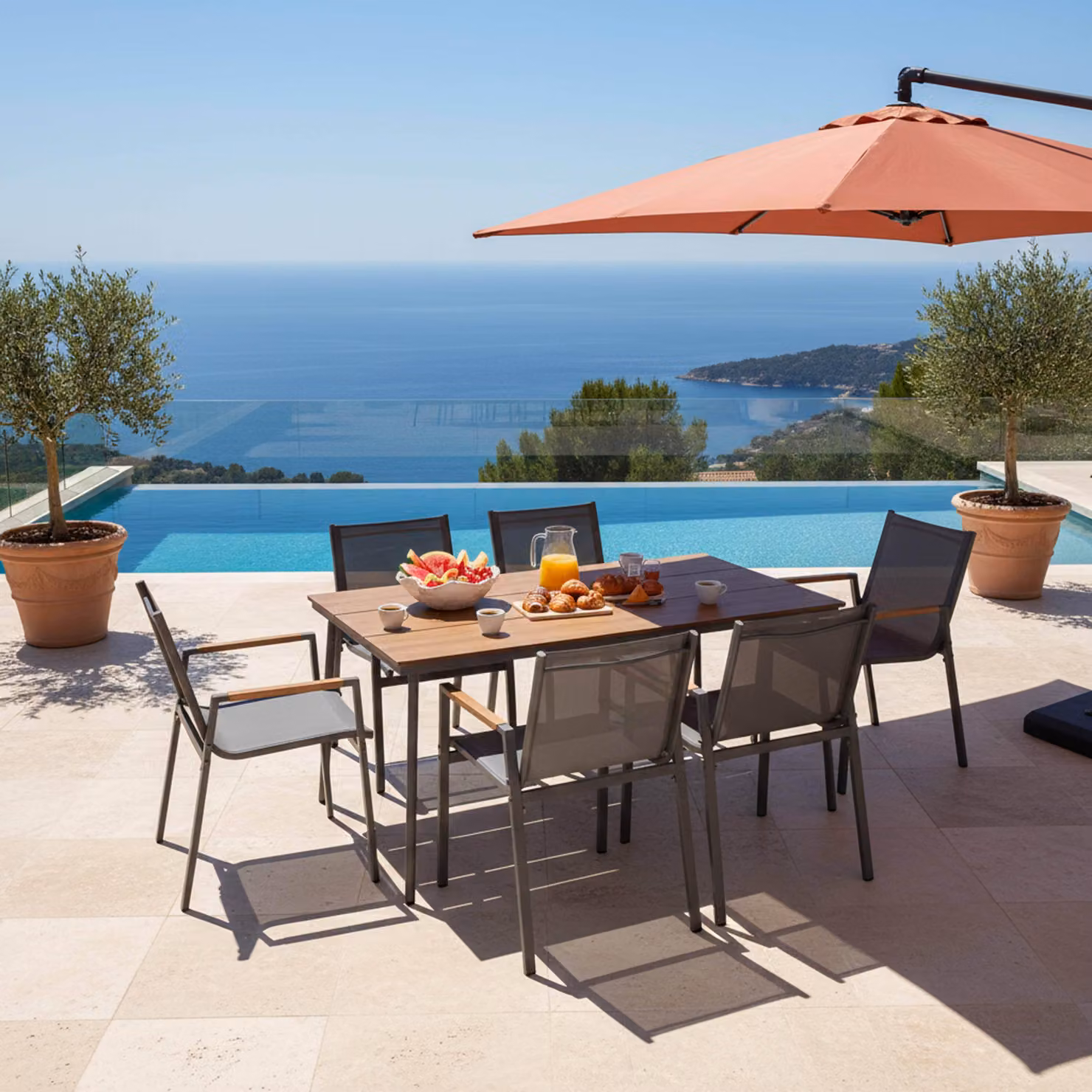 Set tavolo da giardino ovale 150x90 cm e 6 sedie grigio antracite - Oviala Valencia