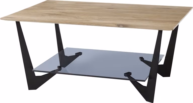 Tavolino da salotto >LEON< in rovere, legno massello / vetro / metallo - 90x40x60 cm (LxAxP)