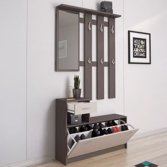 Mobile da ingresso moderno DMORA con specchio e scarpiera, Bianco e Antracite, L: 100 cm, P: 25,5 cm, H: 190 cm – 1