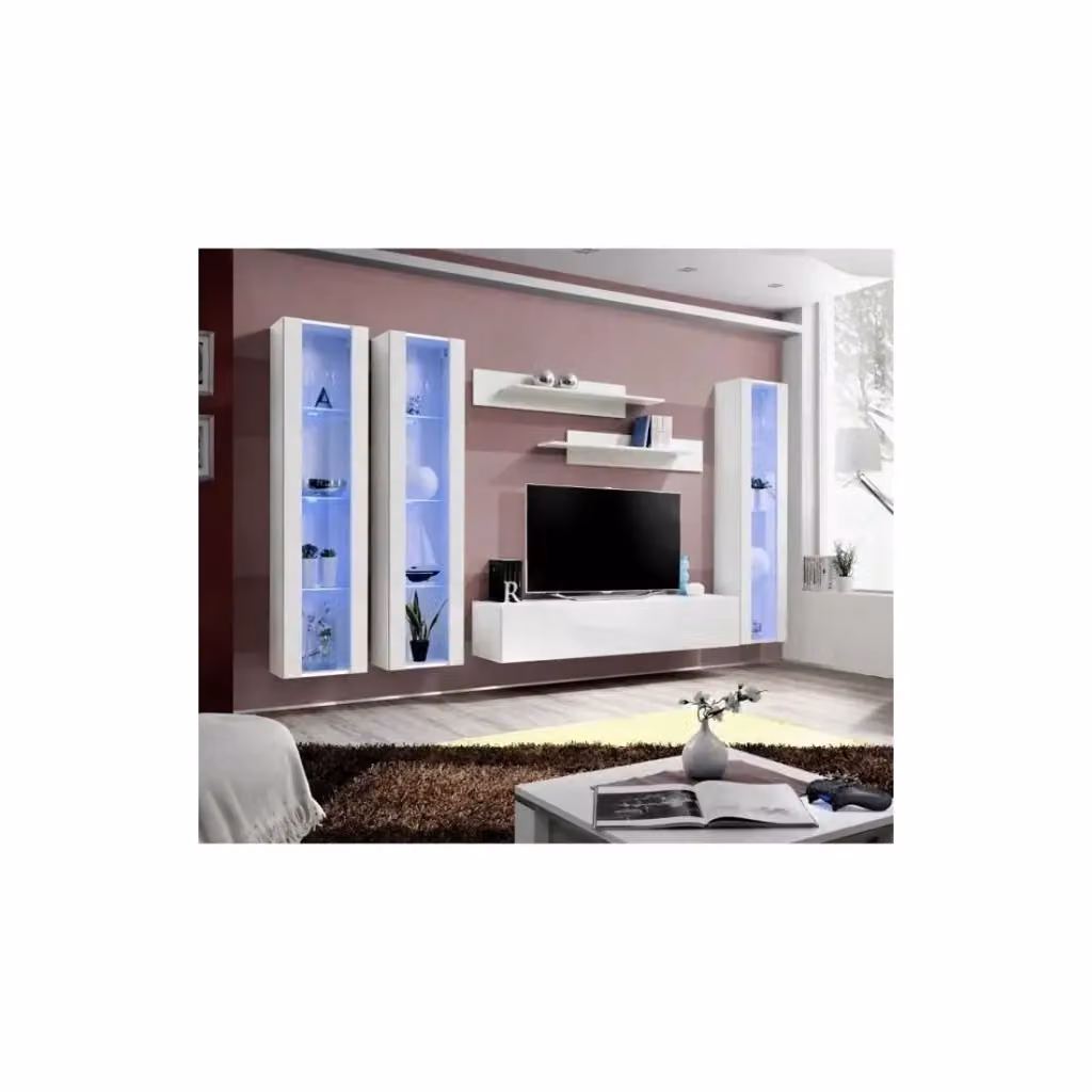 Composizione murale FLY C2 Meublorama mobile TV sospeso bianco lucido con LED per soggiorno L: 160 cm, H: 40 cm, P: 6 cm – 2
