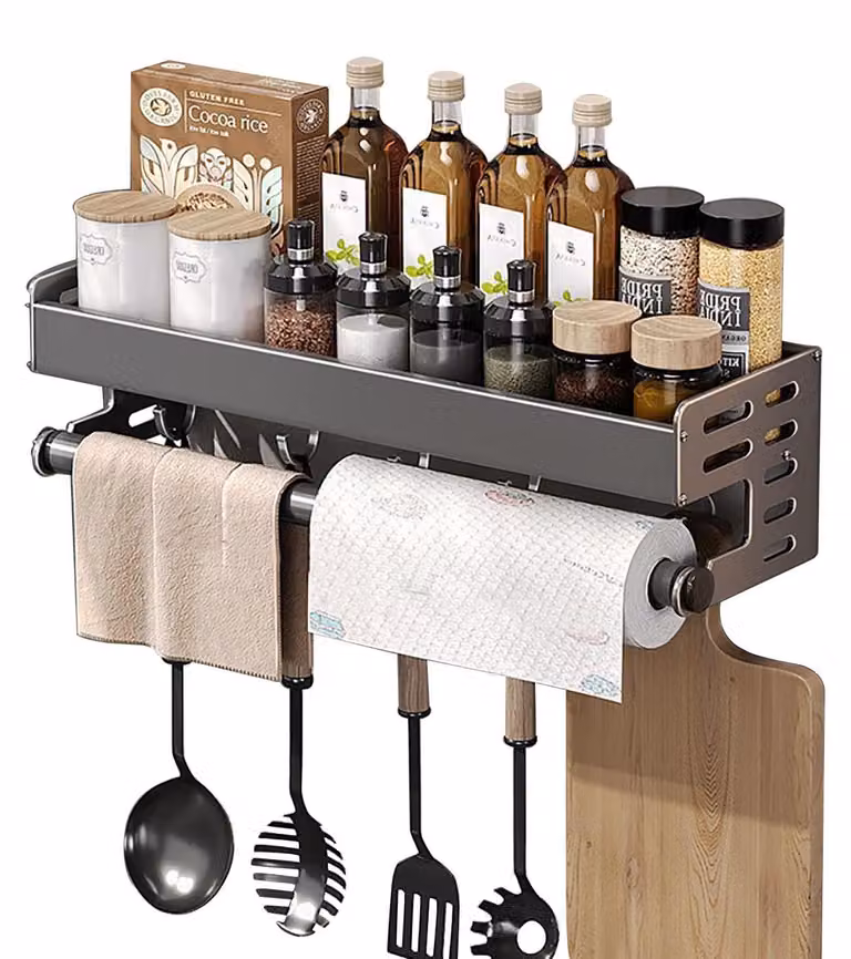 Portaspezie da montare a parete - Scaffale da cucina in alluminio, 40 cm - 5 ganci - Porta rotoli da cucina - Piano profondo 13,5 cm - Resistente all'umidità