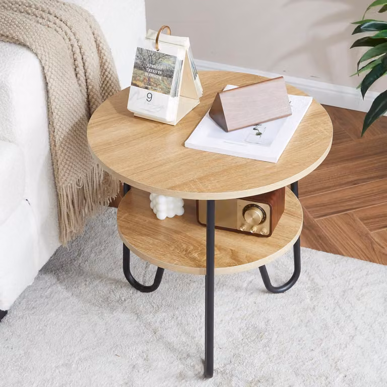 Tavolino rotondo, diametro 50 cm, tavolino ausiliario a due livelli, finitura legno