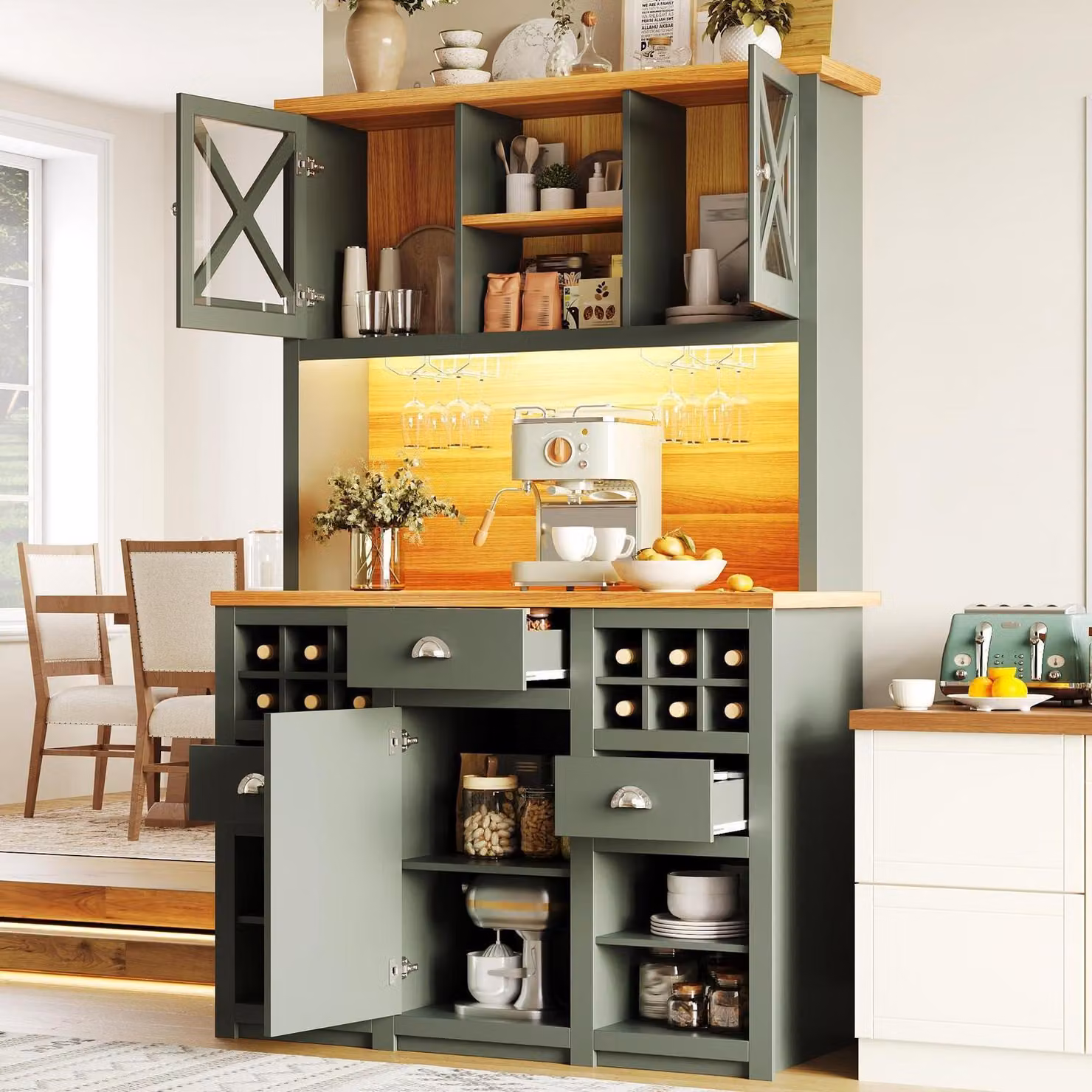 Mobile da cucina con ante in vetro e illuminazione a LED, dimensioni 120x45x188 cm, colore verde