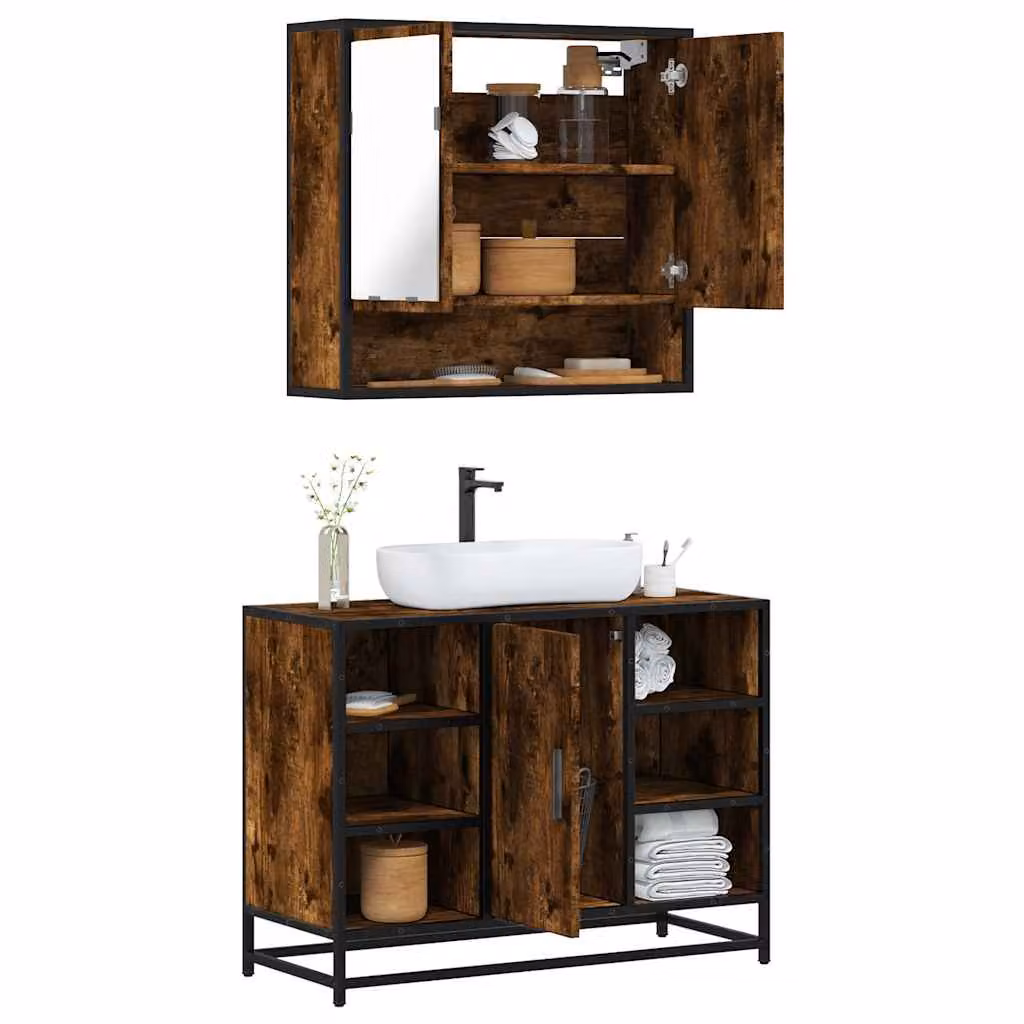 Set Mobili da Bagno vidaXL in Stile Industrial con Mobile Lavabo e Armadietto con Specchio, Colore Marrone Rovere, L/P/H: 80 x 33 x 60 cm