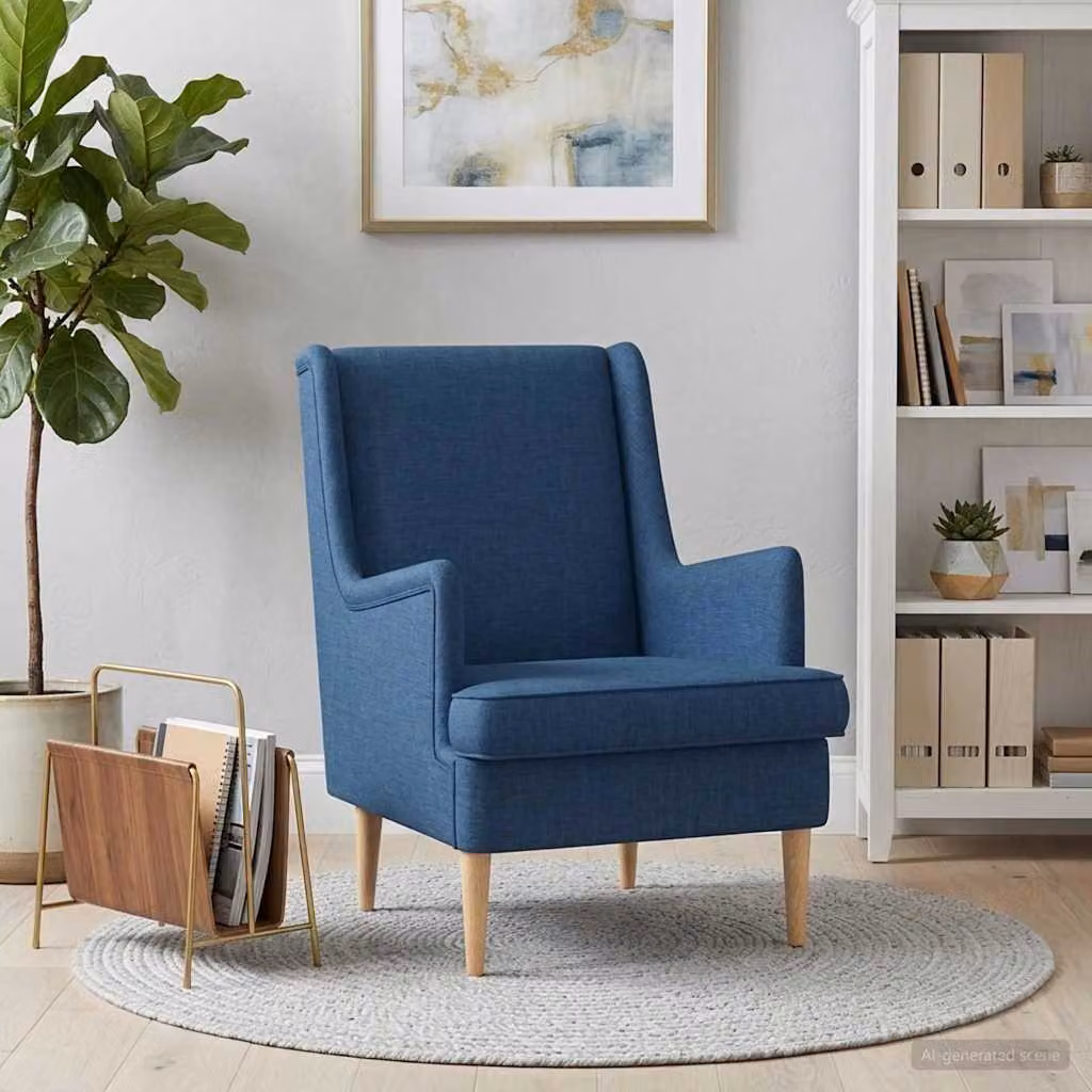 Poltrona moderna vidaXL in tessuto blu con braccioli e struttura in legno e metallo