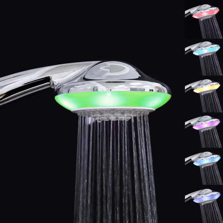 Testina doccia LED, 7 colori, 5 modalità di erogazione, 12,5 cm, materiale ABS, autopulente, senza batterie