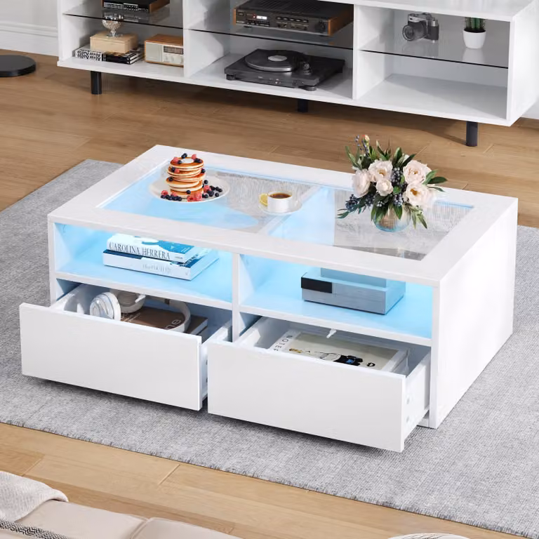 Tavolino Merax con LED e piano in vetro, tavolino da salotto con 2 cassetti, tavolino da divano moderno a due livelli con spazio di archiviazione aperto, bianco