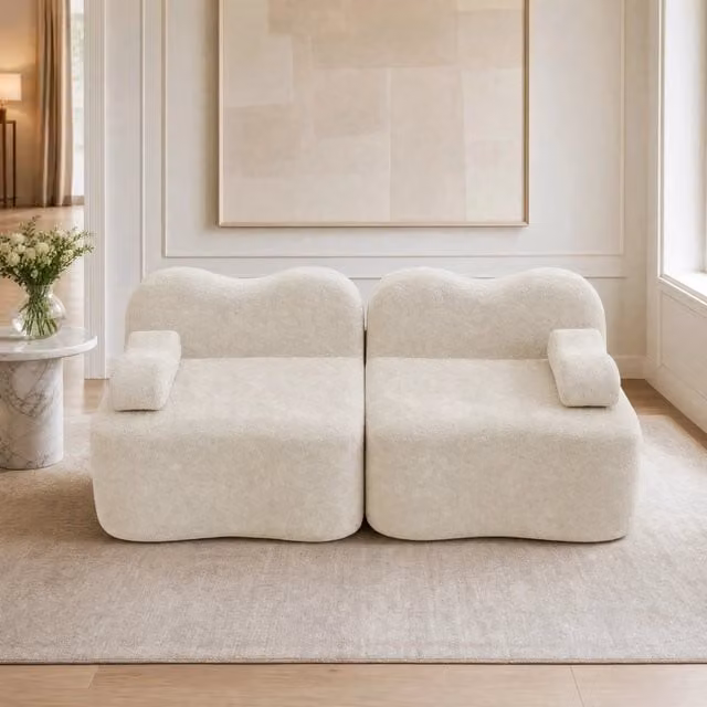 Divano modulare da soggiorno 192x98x70 cm in velluto beige; design ondulato senza montaggio