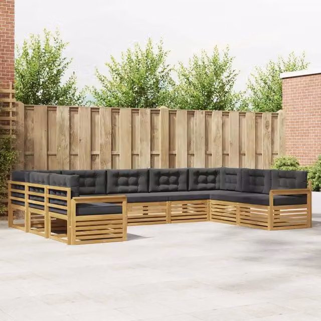 Set di divani da esterno a L vidaXL in legno di acacia con cuscini Bianco e Antracite – 1