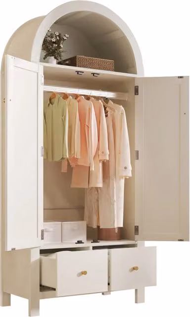 Armadio in rattan e MDF bianco con 2 ante, 2 cassetti, vano aperto e appendiabiti per camera o ingresso, L: 78 cm, P: 45 cm, H: 181 cm