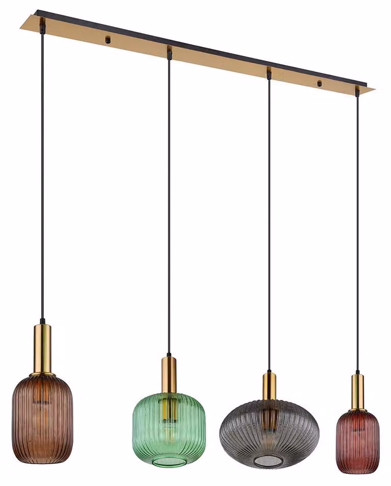 Lampada a sospensione a LED, 4 luci, metallo e vetro, colorata, altezza 120 cm