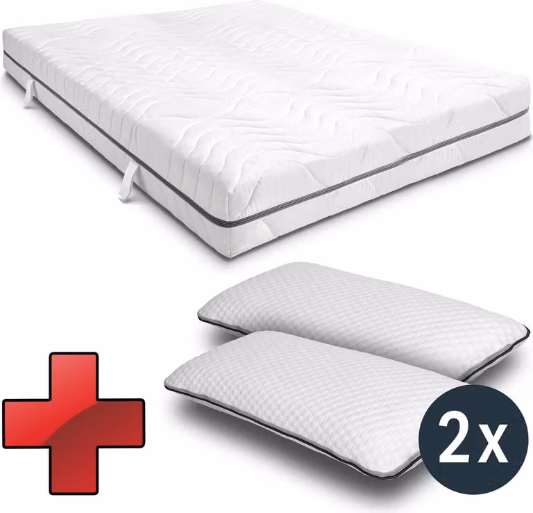 materasso viscoelastico a 7 zone Sleezzz Smart 180 x 200 cm, altezza 18 cm, livello di rigidità H3 con schiuma a memoria d'aria + 2 cuscini Sleezzz® Smart regolabili in altezza