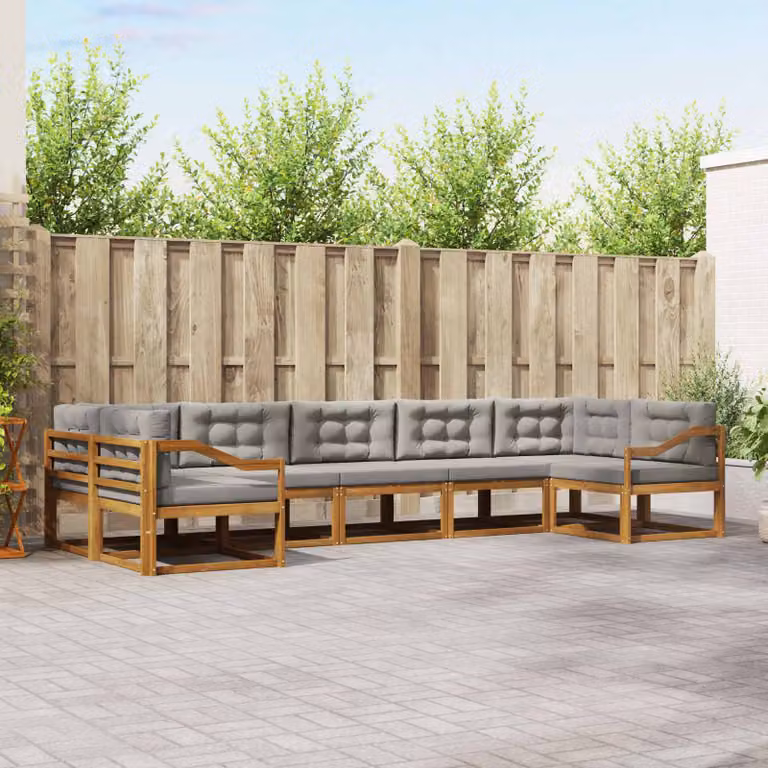 Set di divani da esterno vidaXL a forma di U in legno di acacia con cuscini, 7 pezzi, Grigio e Marrone