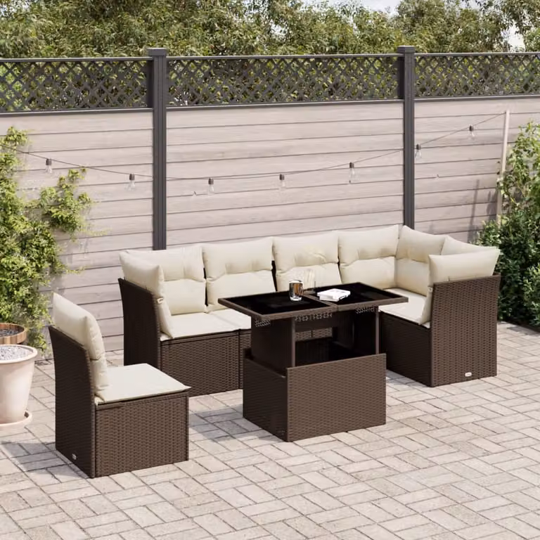 Set di divani da giardino vidaXL 7 pezzi con cuscini marroni e bianchi in rattan e acciaio con tavolino da esterno e configurazione a L con orientamento a sinistra