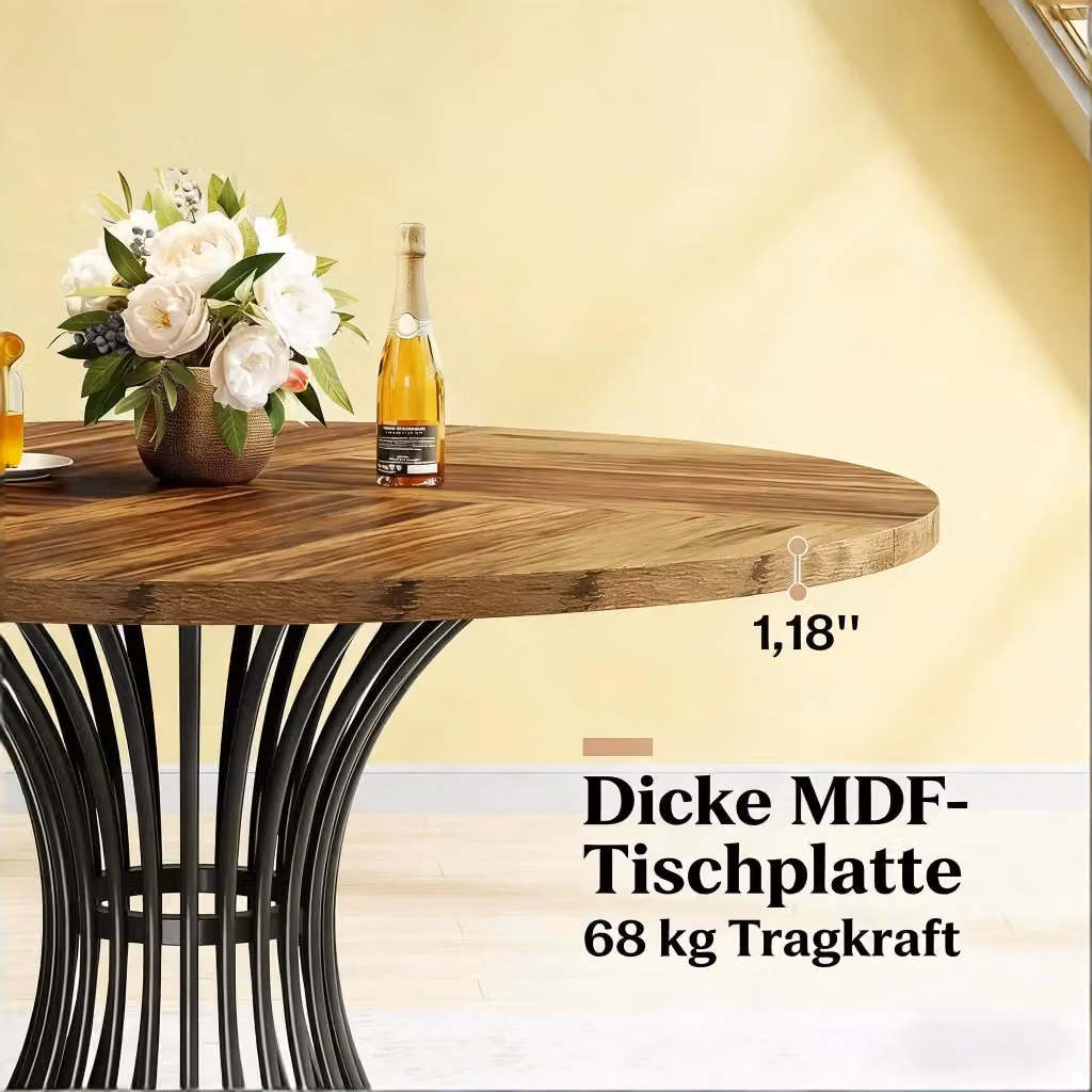 Tavolo da pranzo rotondo REDOM in stile industrial con base a colonna centrale, realizzato in MDF laminato e metallo, nero e marrone rustico – 2