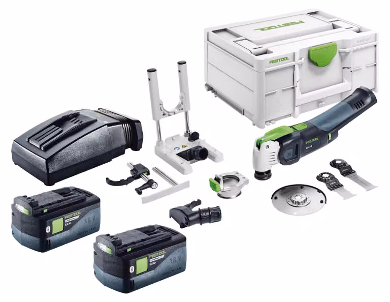 Set base Festool OSC 18 E con oscillatore a batteria 18 V Starlock Max Brushless + 2 batterie da 5,0 Ah + caricabatterie + set di 7 accessori + Systainer