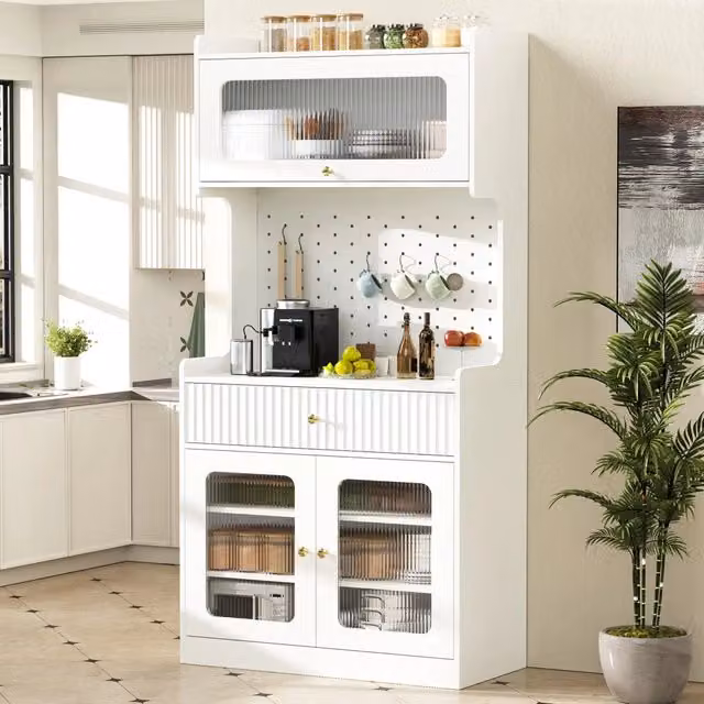 Credenza da cucina con LED anta a ribalta cassetto ripiani regolabili vetro rigato bianca 80 × 40 × 180 cm