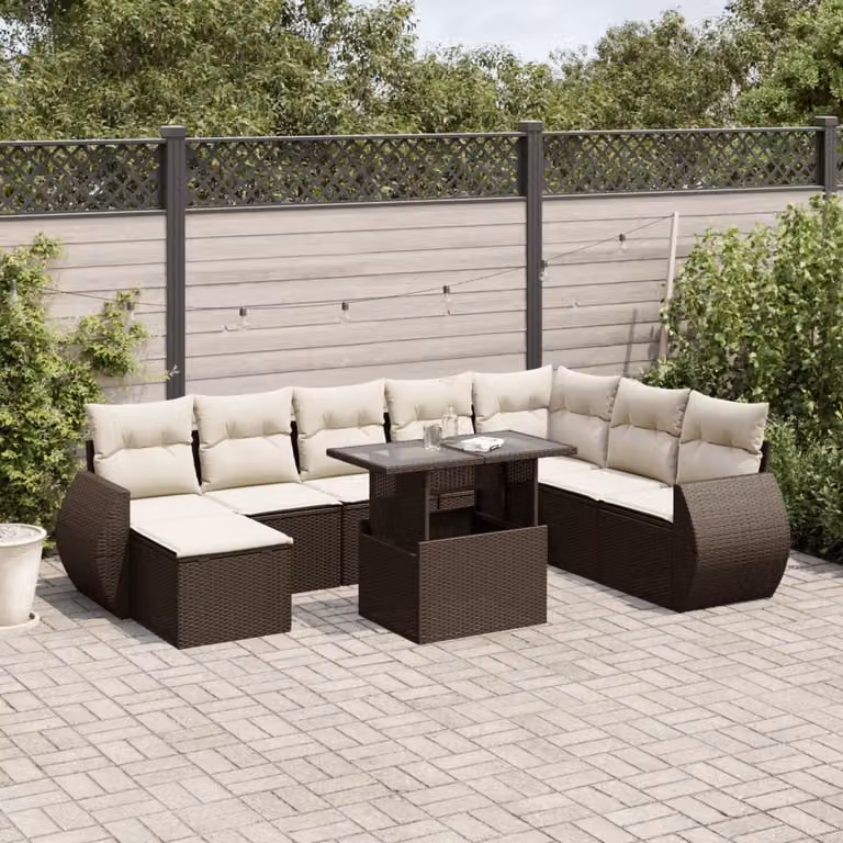 Set di Divani da Giardino a L vidaXL 9pz con Cuscini Marrone e Bianco in Polyrattan e Acciaio