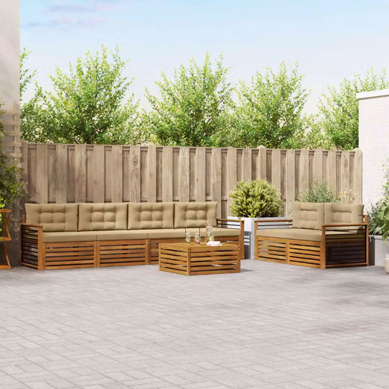 Set di divani da esterno vidaXL 7 pezzi a forma di U in legno di acacia con tavolino e cuscini, Beige