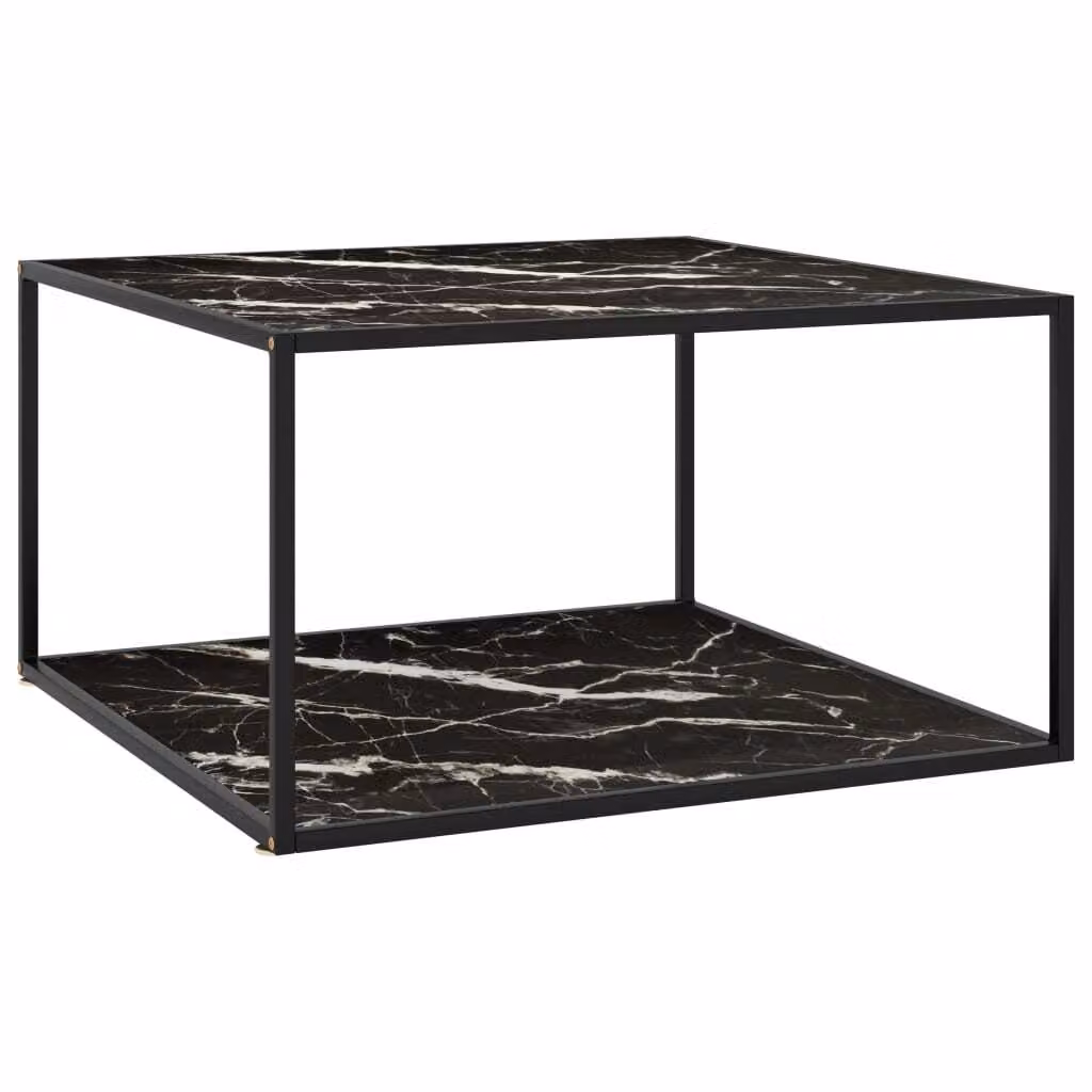 The Living Store Tavolino nero con vetro nero effetto marmo 90x90x50 cm