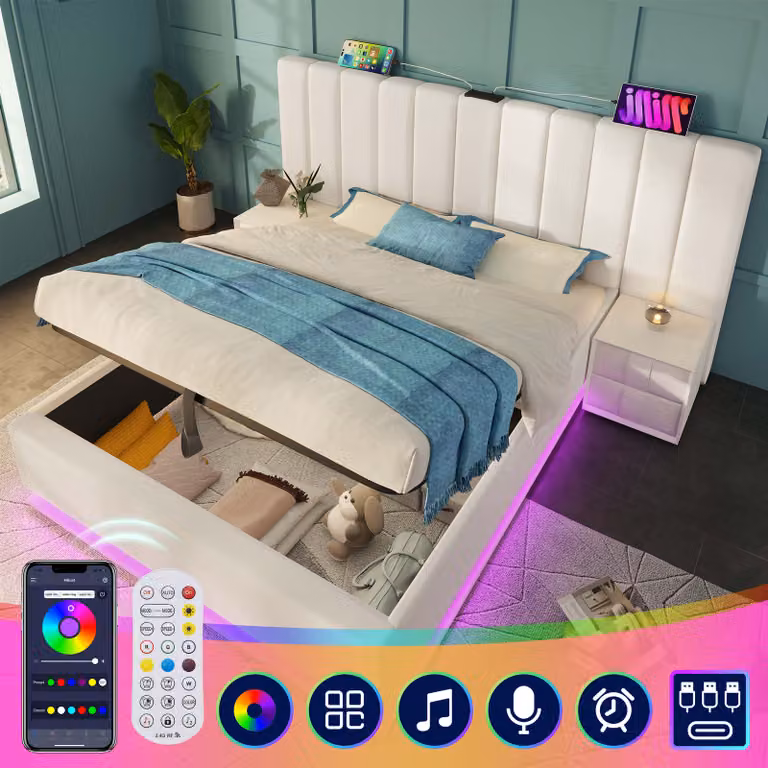 Letto imbottito okwish 180×200, letto multifunzionale con contenitore, illuminazione LED controllabile tramite app e ricarica USB-C, rete a doghe, PU, bianco, con materasso