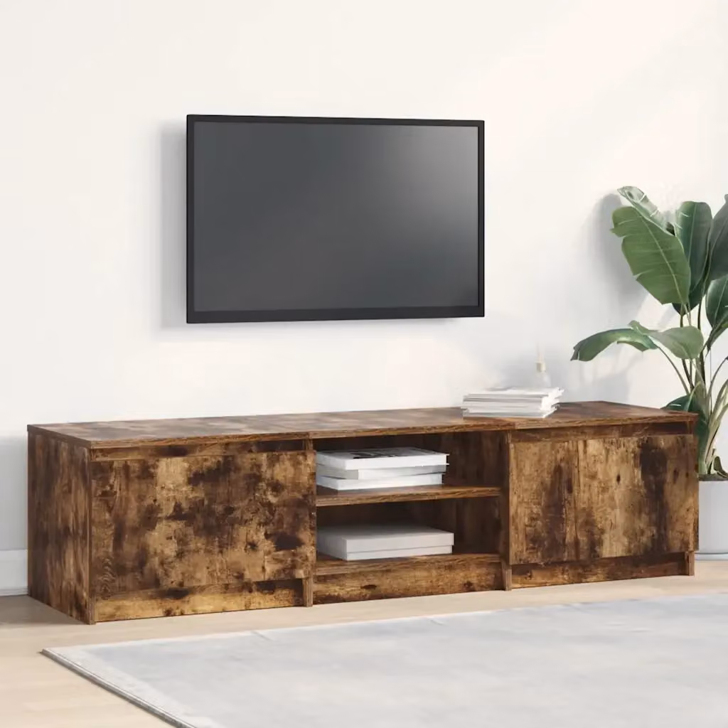 Mobile TV moderno in legno multistrato color rovere fumo con vani porta media, L: 140 cm, P: 40 cm, H: 35,5 cm – 2