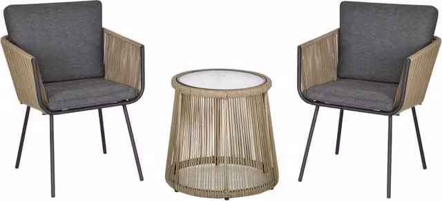 Set 2 Poltroncine con Tavolino da Esterno in Rattan PE Stile Boho, Cachi e Grigio