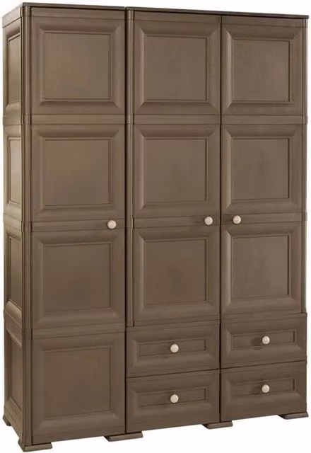 ARMADIO 3 ANTE CON 2 APPENDIABITI E 4 CASSETTI MARRONE, GUARDAROBA MULTIUSO CON RIPIANI E VANI APERTI, 118 X 43 X H 164 CM