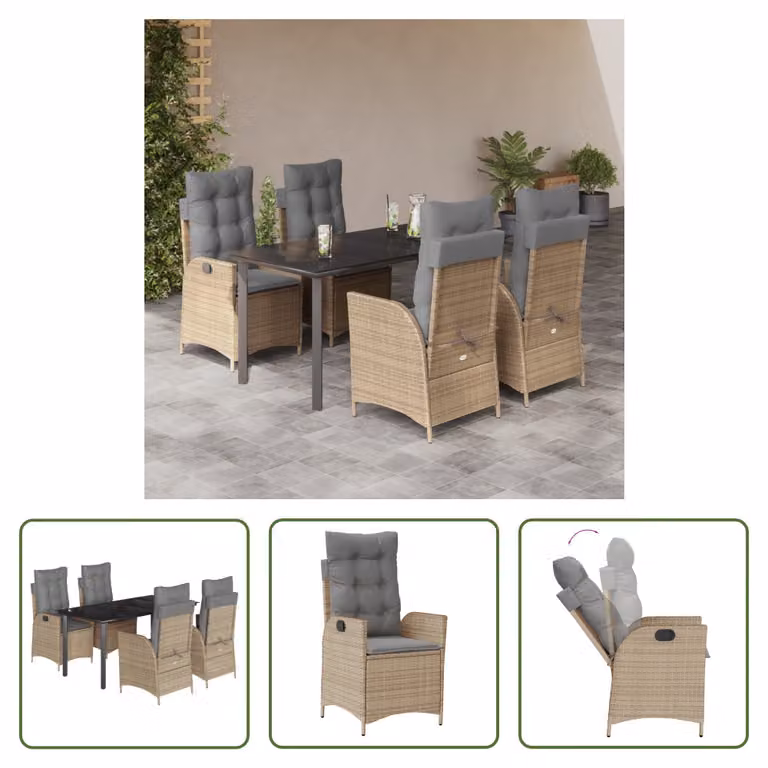 The Living Store Set da pranzo da giardino 5 pezzi con cuscini Beige poly rattan