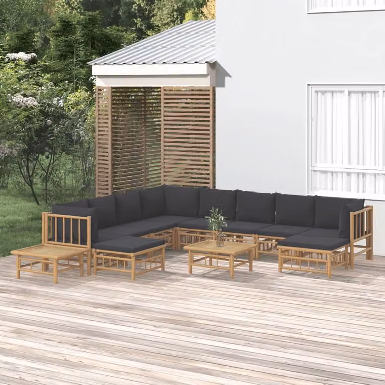 vidaXL Set Salotto da Giardino a L in Legno di Bambù con Cuscini, Divano a 3 Posti, Elemento Angolare, Pouf e Tavolino, Grigio e Marrone