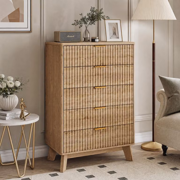 Comodino INONEFT con 5 cassetti, mobile contenitore in legno con gambe in legno massello e maniglie in metallo, mobiletto, armadietto, dimensioni 73x40x108 cm, colore legno